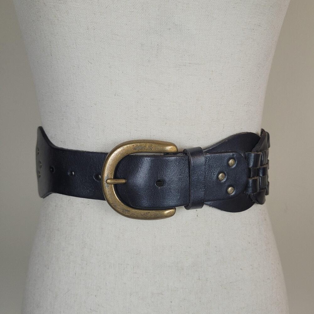 Gap Belt Womens Large Black Leather Wide Woven Plaited Waist Brass Buckle Boho